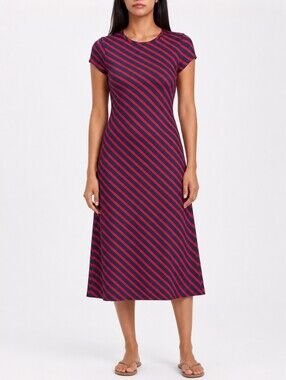 Vineyard Vines Striped Jersey Midi Dress Red Navy Preppy Short Sleeve M